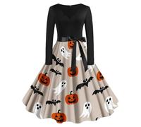 Halloween Dresses for Women Vintage Long Sleeve V Neck Pumpkin Bat Ghost Printed Cosplay Party Costume Elegant Cocktail Swing A-Line Ladies Hepburn Dress