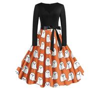 Halloween Dresses for Women Vintage Long Sleeve V Neck Pumpkin Bat Ghost Printed Cosplay Party Costume Elegant Cocktail Swing A-Line Ladies Hepburn Dress