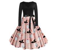 Halloween Dresses for Women Vintage Long Sleeve V Neck Pumpkin Bat Ghost Printed Cosplay Party Costume Elegant Cocktail Swing A-Line Ladies Hepburn Dress
