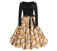 Halloween Dresses for Women Vintage Long Sleeve V Neck Pumpkin Bat Ghost Printed Cosplay Party Costume Elegant Cocktail Swing A-Line Ladies Hepburn Dress