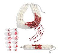 Halloween Dripping Blood Pearls Set for Women - 3PCS Dripping Blood Imitation Pearl Earring Bracelet Necklace Gothic Choker Jewelry Set for Halloween Party, Copper, No Gemstone