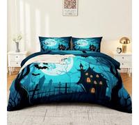 Halloween Duvet Cover Set Double, 3 Pieces Bedding Set with 2 Pillowcases, Cartoon Halloween Full Moon Bats Dark Blue Bedding Set Holiday Decor Reversible Duvet Cover Set 200 x 200 cm