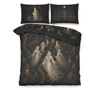 Halloween Duvet Cover Set King, Ghost Graveyard Bedding | Veiled Ghosts in a Moonlit Graveyard with Lanterns, 3-Piece Microfibre Set with 2 Pillowcases and Zip Fastenings