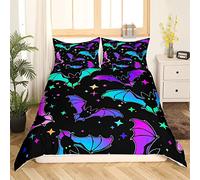 Halloween Duvet Cover Sets Bedding Set Single Size - 135x200cm Colorful Bat Halloween Theme Super Soft Anti Allergic Duvet Set, Easy Care and Breathable Microfiber Covers With 2 Pillowcase