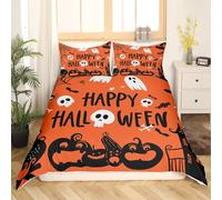Halloween Duvet Cover Sets Bedding Set Single Size - 135x200cm Halloween Pumpkins, Ghosts And Bats Soft Luxury Anti Allergic Duvet Set, Easy Care and Breathable Microfiber Covers With 2 Pillowcase