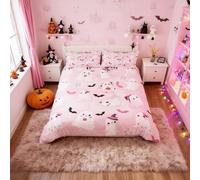 Halloween Duvet Cover Single Size,Watercolor Pink Ghost Cute Bats Silhouette Super Soft Bedding Set,Gift fir Girls Bedroon Rstic Flowers Comforter Cover Bedding 2 Piece (No Comforter)