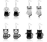 Halloween Earrings for Women, Halloween Jewelry for Women, Funny Halloweens Gifts for Woman, Cute Wooden Cat Ghost Skeleton Earrings for Woman Her Sister Friend Gifts