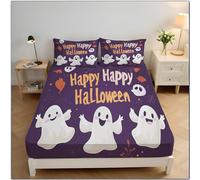 Halloween Elements Microfiber Double Fitted Bed Sheet, Cute Cartoon Ghost Illustrations Fitted Sheet Deep 30cm for Super King Bed 180×200 cm,Purple