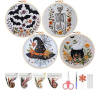 Halloween Embroidery Kit for Adults & Beginners - Ghost & Gothic Stamped Cross Stitch Kits with Pattern, Embroidery Hoops, Cotton, Instructions, Halloween DIY Embroidery Kit Set Gifts (4pcs,A)