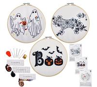 Halloween Embroidery Kit for Beginner Adult, Stamped Counted Cross Stitch Kit for Adult Beginner, Hand Embroidery Starter Kit with Pattern Needlepoint Kit, 3 Embroidery Hoop and Fabric, Needle, Thread