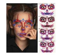Halloween Face Jewels Temporary Tattoos - 4 Pack Day of the Death Rhinestone Skull Face Gems - Crystal Eye Glitter Stickers for Halloween Makeup, Cosplay & Horror Party Supplies (4 PCS)