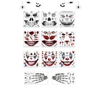 Halloween Face Stickers Temporary Tattoo 11 Sheets | Spooky Skeleton Spider Zombie Vampire Clown Face Body Art Props for Costume Party Halloween Decoration