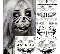 Halloween Face Temporary Tattoos, 4 Sheets 3D Scary Makeup Kit with Spider Web Bat Designs, for Costume Parties and Day of the Dead Celebrations