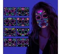 Halloween Face Temporary Tattoos,8 Sheets Glow in The Dark Day of the Dead Face Tattoo Stickers Mexican Fiesta Fake Luminous Tattoo Sticker,for Halloween Party Face Decor
