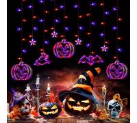 Halloween Fairy Lights, Halloween Window String Lights Orange and Purple Halloween Lights Pumpkin Light Bats Witch Window Lights with 8 Lighing Modes Hanging Curtain Lights for Halloween (B)