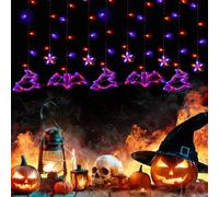 Halloween Fairy Lights, Halloween Window String Lights Orange and Purple Halloween Lights Pumpkin Light Bats Witch Window Lights with 8 Lighing Modes Hanging Curtain Lights for Halloween (A)