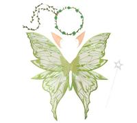 Halloween Fairy Wings Set,4pcs Sparkling Sheer Butterfly Wings Set with Wands, Flower Headband, Elf Ears for Halloween Christmas Birthday Makeup Parties Princess Role-Playing (Green)