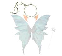 Halloween Fairy Wings Set,4pcs Sparkling Sheer Butterfly Wings Set with Wands, Flower Headband, Elf Ears for Halloween Christmas Birthday Themed Party Cosplay (Silver)