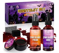 Halloween Fake Blood Kit, Halloween Special Effects Makeup - 58ml × 2 Artificial Blood Washable, 28ml Blood Spray & Liquid Latex, Realistic SFX Wounds Makeup for Zombie Vampire Cosplay (3-Piece Set)