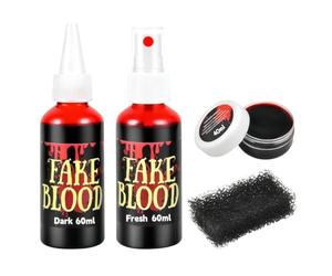 Halloween Fake Blood Makeup Kit, 4Pcs SFX Special Effects Makeup, Dripping Blood Spray & Sponge, Realistic Washable Red Fake Blood Gel for Zombie Vampire Monster Cosplay Mouth Clothes Dress Up