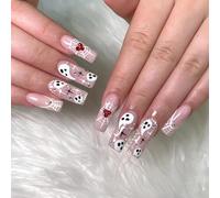 Halloween Fake Nail,24Pcs Ghost Square False Nails,Cute Spider Web Pink Press on Nails,Fake Nails with Ghost,Acrylic 24PCS Full Cover Stick-on Nails With Glue,Halloween for Women Girls Party