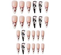 Halloween Fake Nails, 24 Pcs Halloween Ballerina Press on Nails Acrylic Press on Nails No Glue Red Blood Tear Drop False Nails for Women Girls Nail Art Cosplay Decoration A4WSJP (A, One Size)