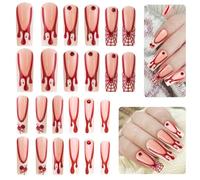 Halloween Fake Nails, 24 Pcs Halloween Coffin Press on Nails Acrylic Press on Nail No Glue Red Blood Tear Drop False Nails for Women Girls Nail Art Cosplay Decoration A3HRZZ
