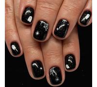 Halloween Fake Nails,24pcs Black Press on Nails,Short False Nails with Glue,Square Stick on Nails with Spider Ghost Design - Full Cover Acrylic Nails for Holiday Cosplay Halloween Party