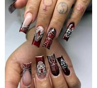 Halloween Fake Nails - 24pcs Red Press on Nails - Long Coffin Fake Nails Dark Gothic Halloween Terror Gradient Dark Red Spider Web with 3D Spider Ghost Design Cosplay Decoration