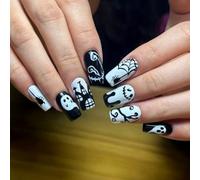 Halloween Fake Nails - 24Pcs Square Press on Nails Medium - Skull Ghost Spider Web Haunted House Design - Black White Stick on Nails for Women - Full Cover Nail Tips & Not Easy to Fall Off