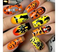 Halloween Fake Nails Coffin Styles with Spiderweb Skull Art Glues on for Women Party Accessories Pumpkin Bat Ghosted False
