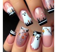 Halloween Fake Nails, Medium Square French False Nails Nude Pink 24Pcs | Cute Orange Pumpkin & Black Cat French Tip Design, Stick On False Nails for Women, Nail Art for Cosplay, Stick on Nails