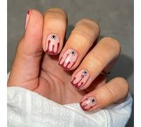Halloween Fake Nails Short Square French Tip Press on Nails Pink Full Cover Red Glitter Blood False Nails with Spider Designs Glossy Glue on Nails Cute Acrylic Artificial Nails for Women Girls 24Pcs