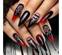 Halloween Fake Nails with Red Rose Bat Blood Drip Design Light ABS False for Party Costume Easy Application Blood Bat Rose ABS for Party Costume Easy Application