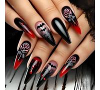 Halloween Fake Nails with Red Rose Bat Blood Drip Design Light Abs False for Party Costume Easy Application