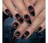 Halloween False Nail,24PCS Black and Red Gem Spider Press on Nails for Women,Glossy Gothic Gem Nails Halloween Elements,Wearable Stick on Nail Art for Girls