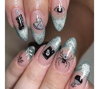 Halloween False Nail,24PCS Candle, Spider & Tarot Card Press on Nails for Women,Sparkly Silver Glitter French Nails Halloween Parties Elements,Wearable Stick on Nail Art for Girls