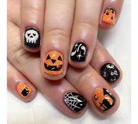 Halloween False Nail,24PCS Pumpkin, Skull & Ghost Press on Nails for Women,Glittery Orange & Black Nails Halloween Parties Elements,Wearable Stick on Nail Art for Girls