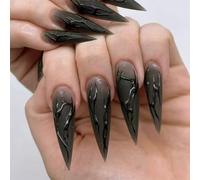 Halloween False Nails - 24Pcs Long Almond Fake Nails - Gradient Black Press on Nails for Women & Girls - Full Cover Acrylic Punk Gothic Stick on Nail for Women - Long Lasting & Easy to Fit