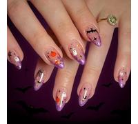 Halloween False Nails 24Pcs, Press on Nails Almond with Glue, Medium Pink Purple Fake Nail Featuring Spider Web Ghost Bat Pumpkin Patterns, Stick on Nails for Halloween Parties