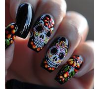 Halloween False Nails - 24PCS Press On Nails - Human Skeleton Flower Medium Length Fake Nails French Tip Glossy - Acrylic Stick on Nails with Glue for Halloween Party Thanksgiving Day