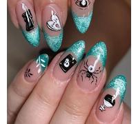 Halloween False Nails - 24Pcs Short Almond Press on Nails - Halloween Fake Nails with Cobweb, Ghost and Little Star Patterns - Full Cover Green Glitter French Tip Nails Glossy, Nail Art Decoration