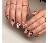 Halloween False Nails 24Pcs,Short Oval Press on Nails with Glue,Nude Almond Cute Fake Nails with Ghost Design,Acrylic Full Cover Nude Pink Glossy Stick on Nails for Women Girls Nail Art