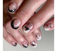 Halloween False Nails - 24Pcs Short Press on Nails Almond - Moon Star Bat Cute Design for Women - Long Lasting & Health Harmless - Full Cover Acrylic Nail with Glue & Gifts for Women