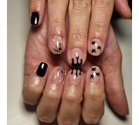 Halloween False Nails - 24Pcs Short Square Fake Nails for Women - Black Transparent Tip with Spider Web & Star Drip Design - Reusable Stick on Acrylic Nails - Long Lasting & Health Harmless