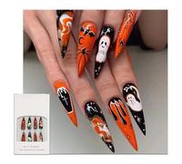 Halloween False Nails, French Tip Alomd Full Cover Press on Nails, 24PCS Long Coffin Stick on Nail for Women, Funny Terror Mending Doll, Fake Nails Set with Glue Stickers Art Cosplay Decoration