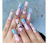Halloween False Nails Long - 24PCS Halloween Press on Nails - 12 Sizes Long Sqaure Fake Nails with Glue - Stick on Nails with Bat Spider Web Pattern - Glossy Full Cover Acrylic Nails for Women Girls