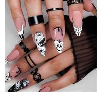 Halloween False Nails - Long Almond Press On Nails With Black White Pumpkin Cobweb Bat - Gothic French Tip Fake Nails - Full Cover Stick On Nails For Women Girls Party Cosplay Nail Art Diy Decoration