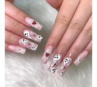 Halloween False Nails - Long Coffin Fake Nails with Glue - 24PCS Pink Gothic Press on nails - Stick on Nails for Women - Full Cover Acrylic Glue on nails - Cute Ghost, Spider Web, Red & Crystal Gems