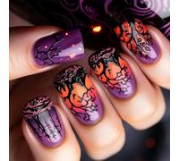 Halloween False Nails Mysterious Design M Length Square Shape Fake Nails For Party And Daily Use Purple Mystic Forest Fake Nail